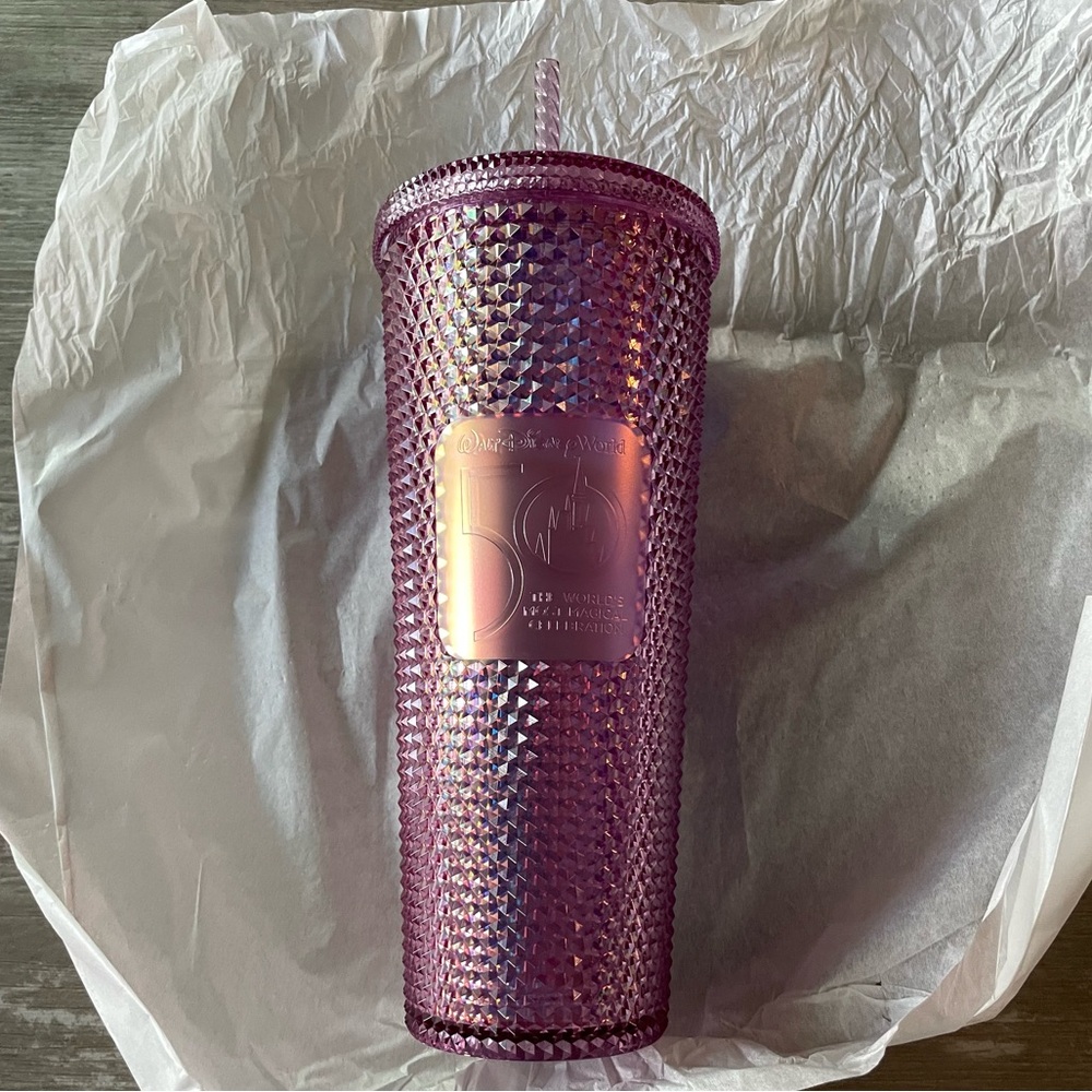 NWT WDW 50th Anniversary Geometric Starbucks Tumbler with Straw in Pink Disney